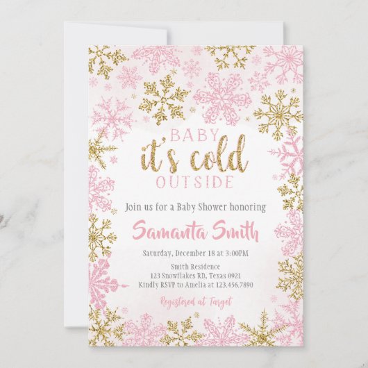 Invitation Flèches de neige en or rose Froid à l'extérieur Ba (Devant)