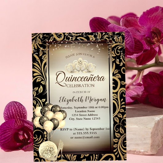 Invitation Flèches d'or, Ballons, talons hauts, Tiara Quincea