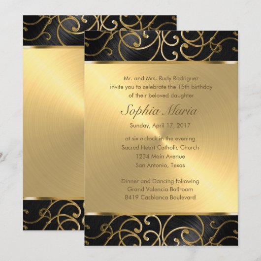 Invitation Flèches en fibre noire et or Quinceanera (Devant / Derrière)