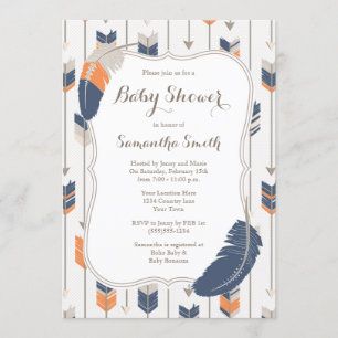 Invitation Flèches en plumes tribales Baby shower Marine Oran