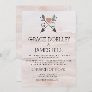 Invitation Flèches et coeur Rustique Aquarelle Mariage Invite
