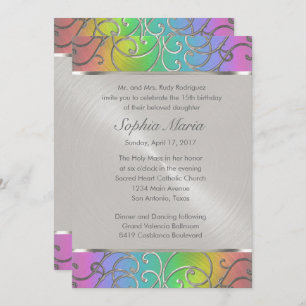 Invitation Flèches Quinceanera Arc en ciel et Filigree en arg