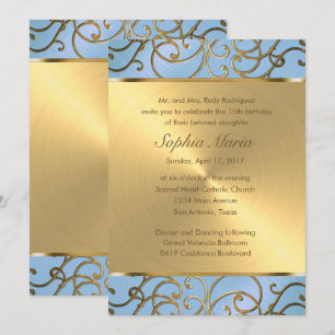 Invitation Flèches Quinceanera Bleu clair et Filigree or