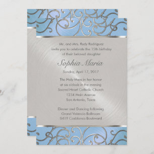 Invitation Flèches Quinceanera Bleu clair et Silver Filigree