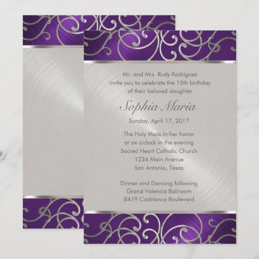 Invitation Flèches quinceanera violet et argent en fibre (Devant / Derrière)