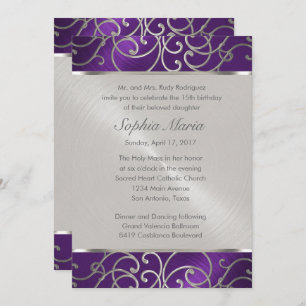 Invitation Flèches quinceanera violet et argent en fibre
