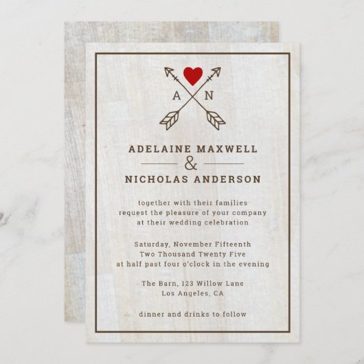 Invitation Flèches rustiques Mariage de coeur rouge (Devant / Derrière)