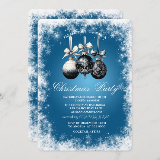 Invitation Fléchettes de neige, Boules, Fête de Noël Bleue (Devant / Derrière)