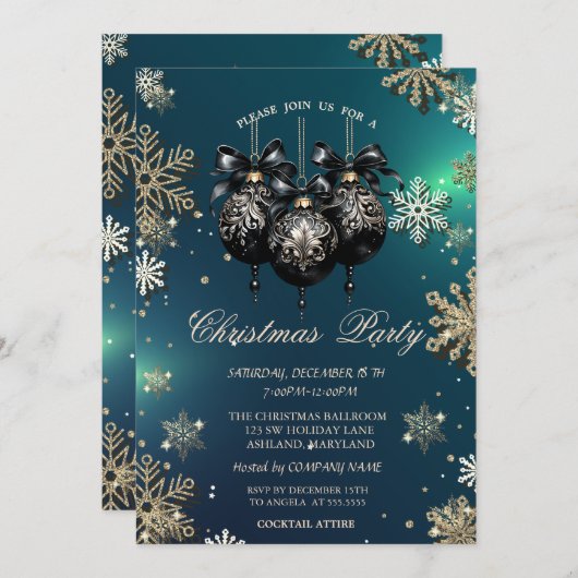 Invitation Fléchettes de neige en or, Boules de Noël, Green C (Devant / Derrière)
