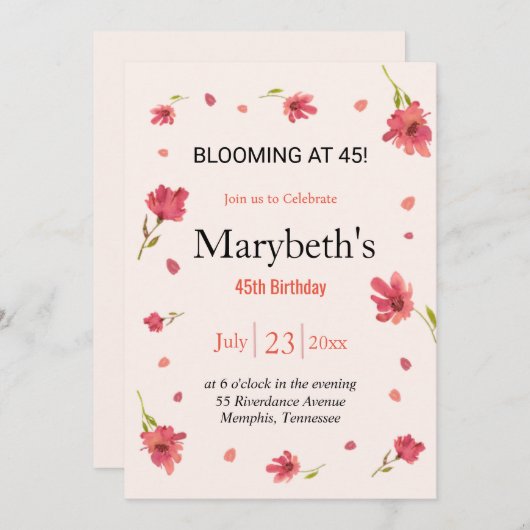 Invitation Fleur à 45 - Anniversaire Floral (Devant / Derrière)