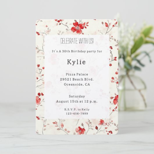 Invitation Fleur Anniversaire Rouge Crème (Debout devant)