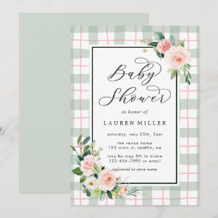 Invitation Fleur aquarelle Baby shower Pastel Plaid