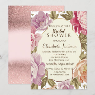 Invitation Fleur aquarelle, cadre, paillettes, douche de mari