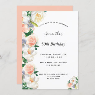 Invitation Fleur aquarelle de fête d'anniversaire corail blan