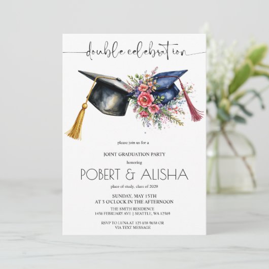 Invitation Fleur aquarelle Double Graduation (Debout devant)