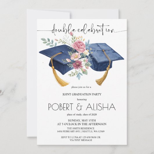 Invitation Fleur aquarelle Double Graduation (Devant)