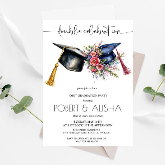 Invitation Fleur aquarelle Double Graduation