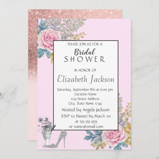 Invitation Fleur aquarelle, Parties scintillant haute talons (Devant / Derrière)
