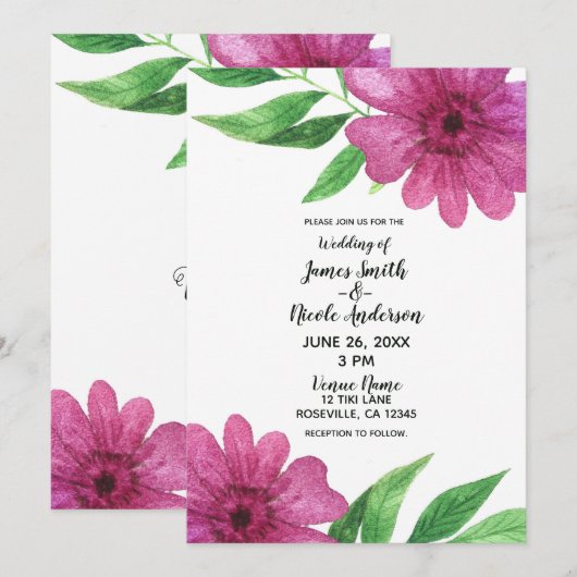 Invitation Fleur aquarelle rose mariage floral printemps (Devant / Derrière)