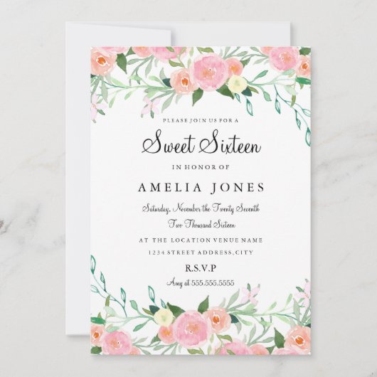 Invitation Fleur Aquarelle Rose Pêche Douze Ans (Devant)