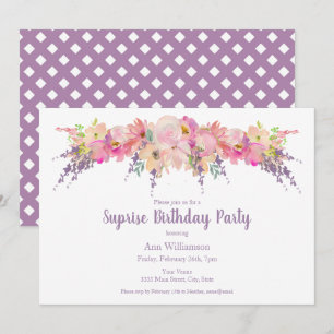 Invitation Fleur aquarelle rose violet Surprise Anniversaire