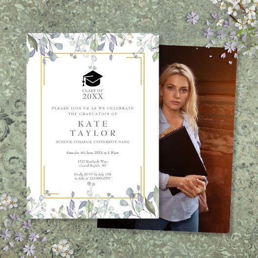 Invitation Fleur aquarelle verdure Photo Graduation Party