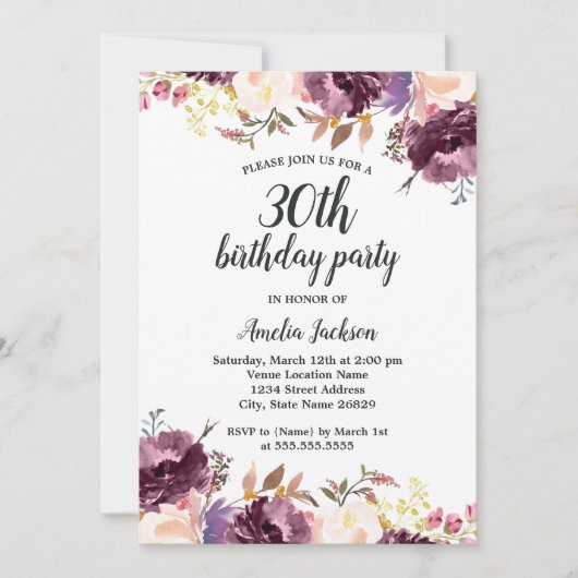 Invitation Fleur Aquarelle violet Floral 30e anniversaire fêt (Devant)