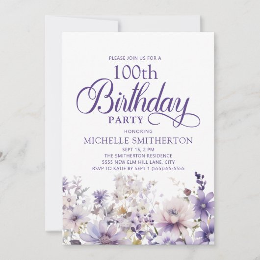 Invitation Fleur aquarelle violette 100e anniversaire (Devant)