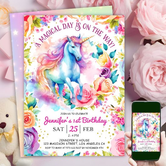 Invitation Fleur arc-en-ciel de Unicorne | 1er anniversaire