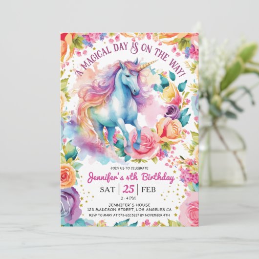Invitation Fleur arc-en-ciel de Unicorne | 4e anniversaire (Debout devant)