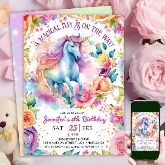 Invitation Fleur arc-en-ciel de Unicorne | 4e anniversaire