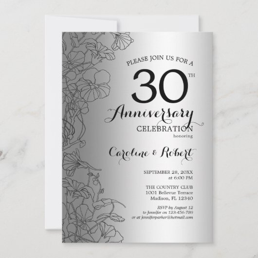 Invitation Fleur Argent Noir 30e Anniversaire (Devant)