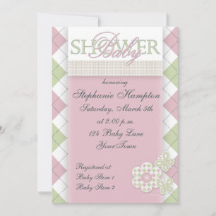 Invitation Fleur avec damier en rose - Green Baby Show