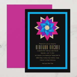 Invitation Fleur bat mitzvah rose bleu étoile violet