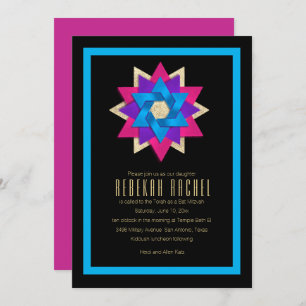 Invitation Fleur bat mitzvah rose bleu étoile violet