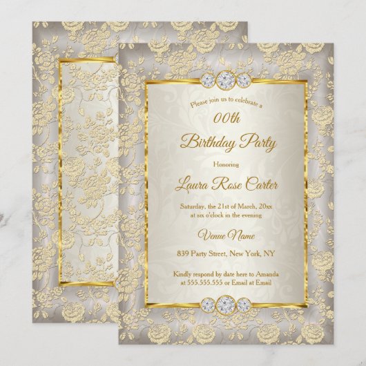 Invitation Fleur beige Damask rose Gold Anniversaire (Devant / Derrière)