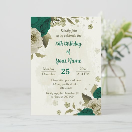 Invitation fleur beige vert émeraude anniversaire (Debout devant)