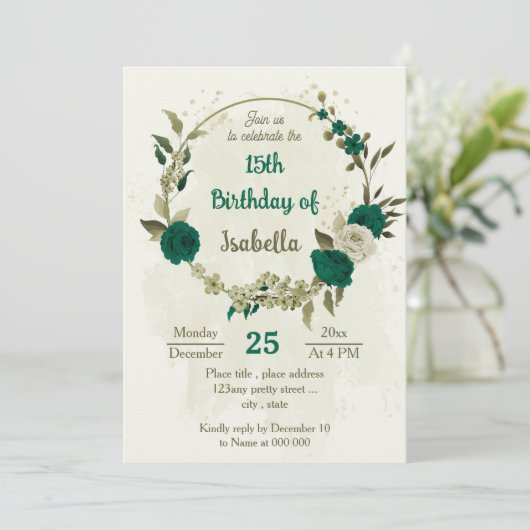 Invitation fleur beige vert émeraude anniversaire (Debout devant)
