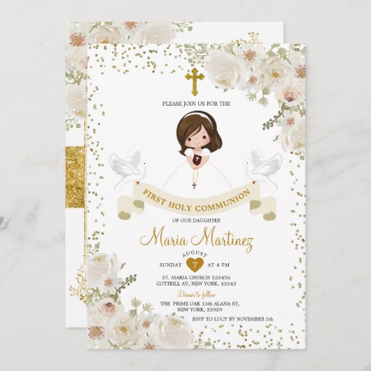 Invitation Fleur blanche 1ère Sainte Communion Parties scinti (Devant / Derrière)