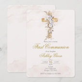 Invitation Fleur blanche avec croix Baptême (Devant / Derrière)