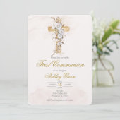 Invitation Fleur blanche avec croix Baptême (Debout devant)