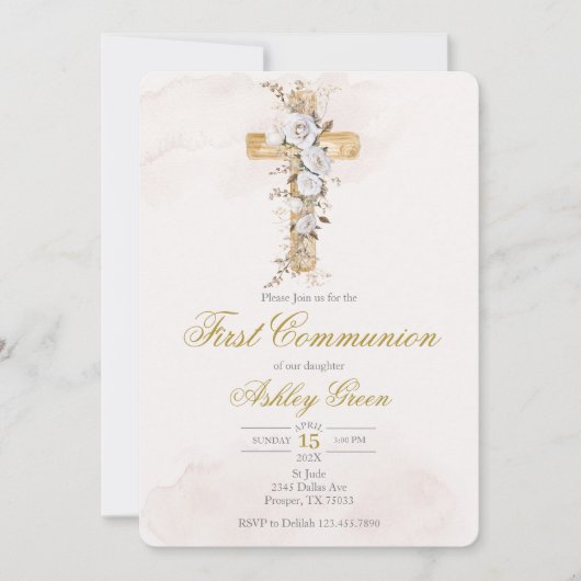 Invitation Fleur blanche avec croix Baptême (Devant)