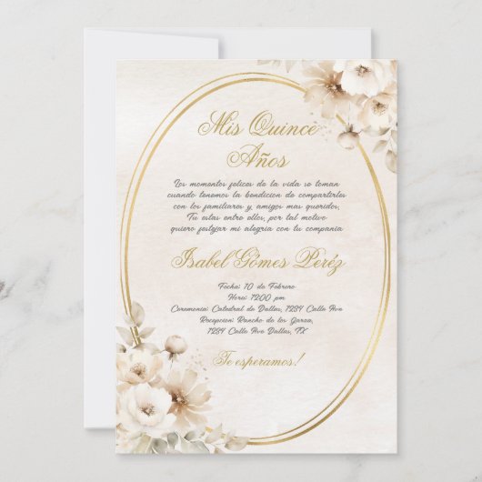Invitation Fleur blanche beige Quinceanera espagnole (Devant)
