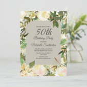 Invitation Fleur Blanche Crème Sage Vert 50e Anniversaire (Debout devant)