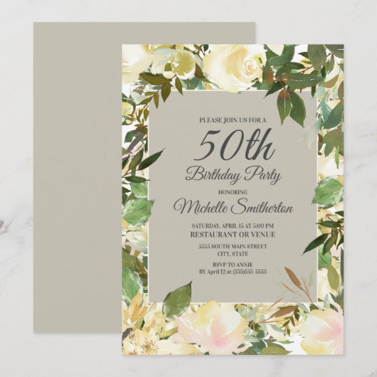 Invitation Fleur Blanche Crème Sage Vert 50e Anniversaire (Devant / Derrière)