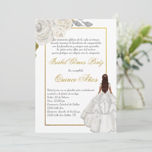 Invitation Fleur blanche Demande de coing en espagnol (Debout devant)