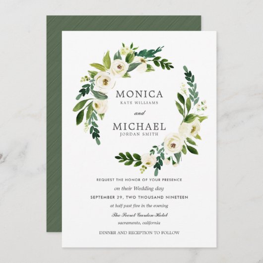 Invitation Fleur blanche | Élégant mariage de couronne fleuri (Devant / Derrière)