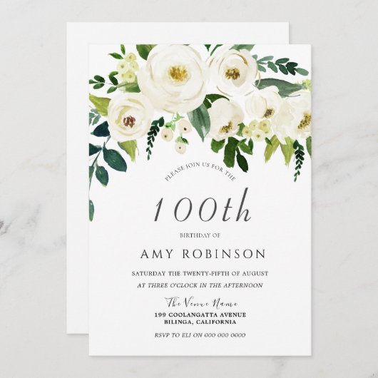 Invitation Fleur blanche Elégante 100e fête d'anniversaire (Devant / Derrière)