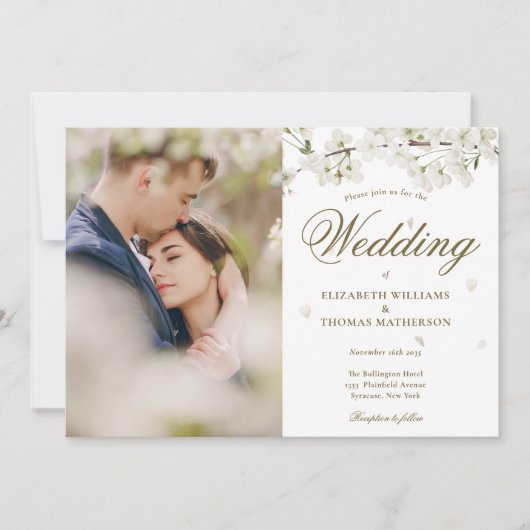 Invitation Fleur blanche florale or script photo (Devant)