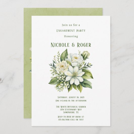 Invitation Fleur blanche Green Painted Engagement Party (Devant / Derrière)